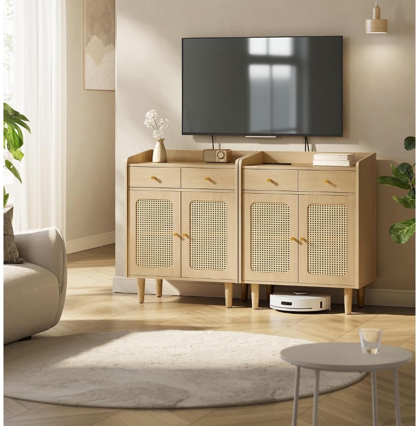 Beige Oak Rattan Storage Cabinet — thumbnail 2