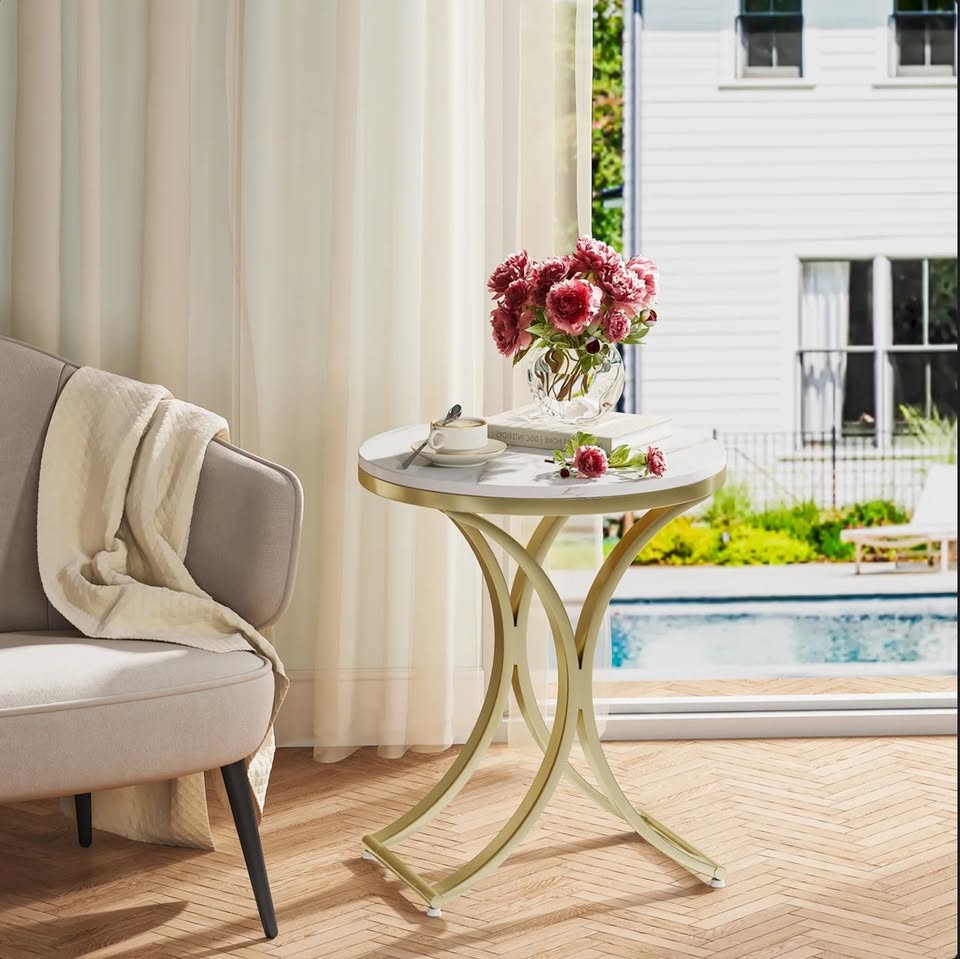 White & Gold Round End Table