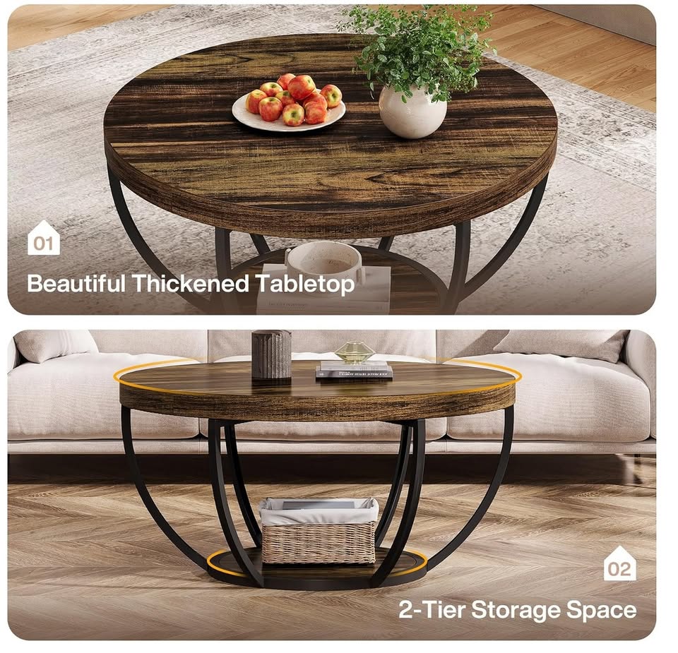 31.7” Round 2-Tier Coffee Table – Rustic Brown & Black — thumbnail 3