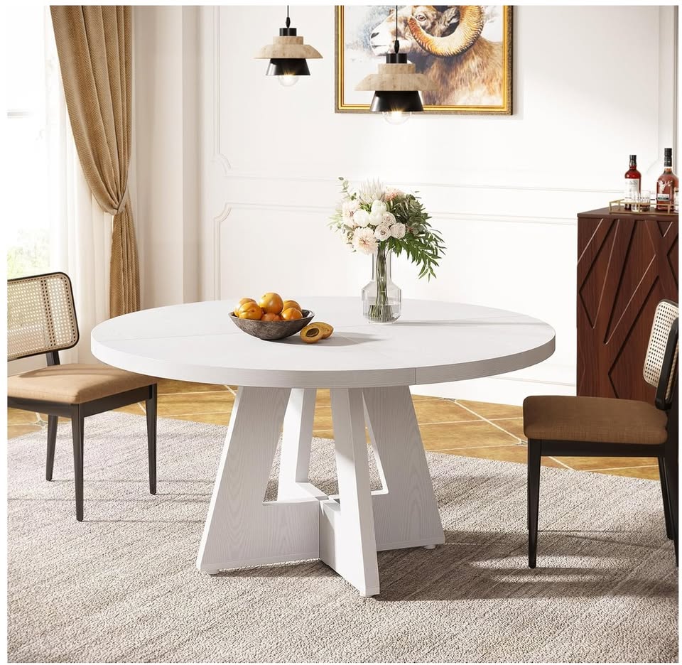 47” Round Dining Table – White Farmhouse Style