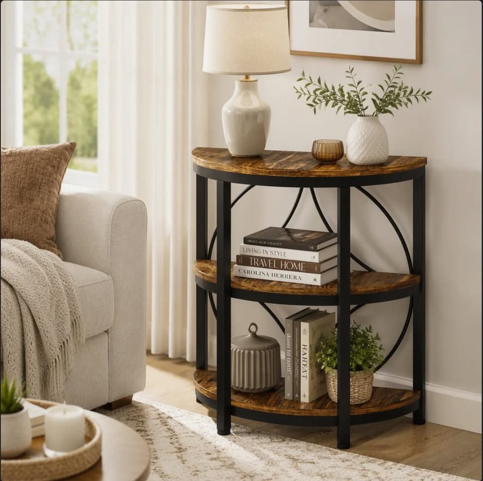 3-Tier Half-Round Side Table – Rustic Brown & Black