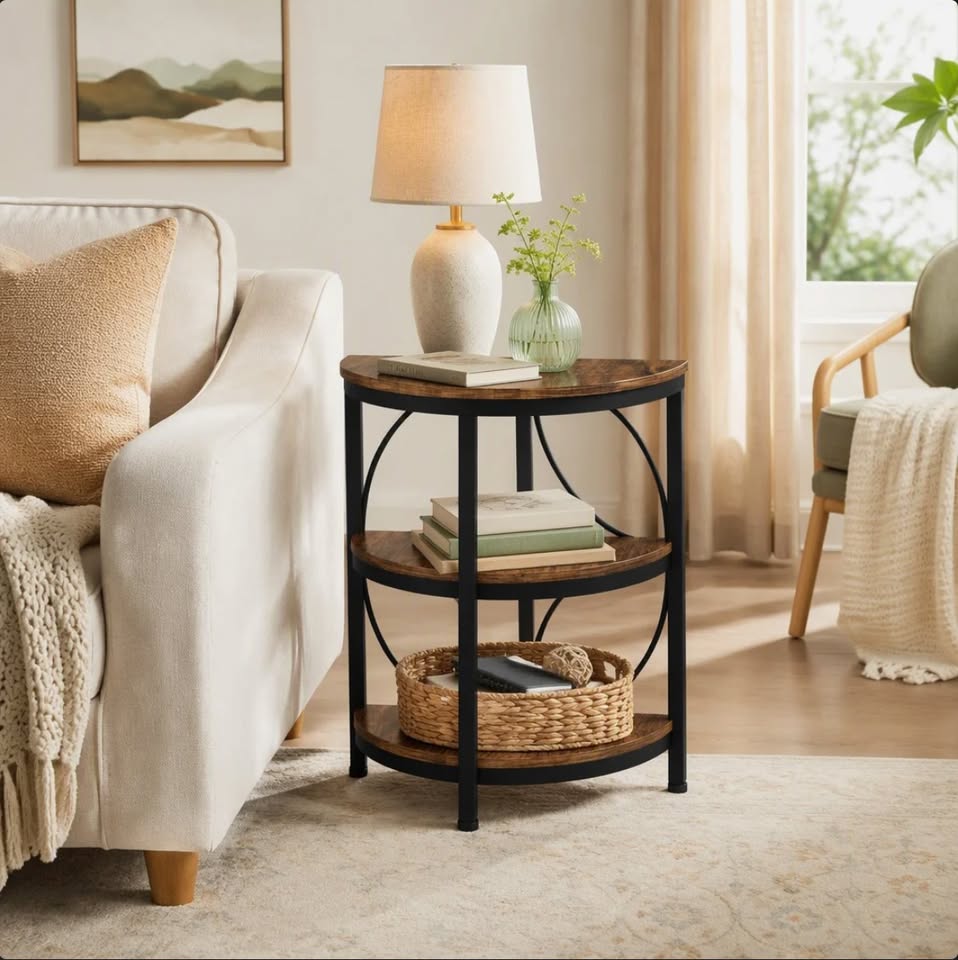 3-Tier Half-Round Side Table – Rustic Brown & Black — thumbnail 4