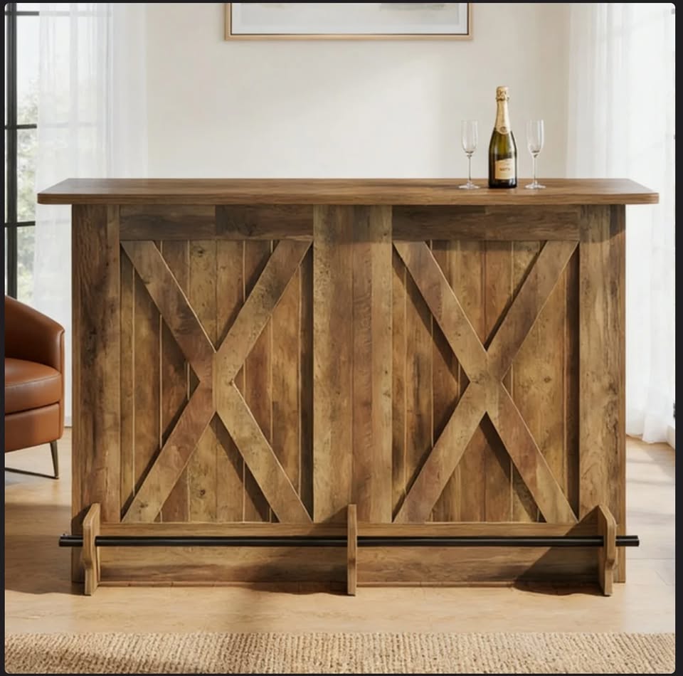 63” Farmhouse Bar Table with Storage – Rustic Brown