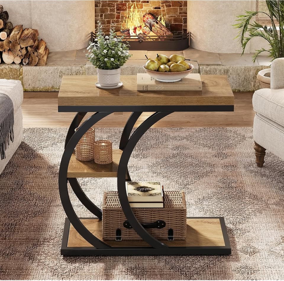 3-Tier C-Shaped Side Table – Natural Wood & Black — thumbnail 3