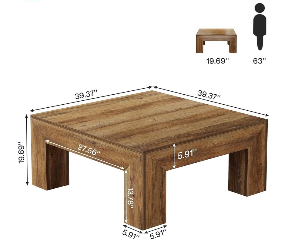 39.4” Square Farmhouse Coffee Table – Rustic Brown — thumbnail 2