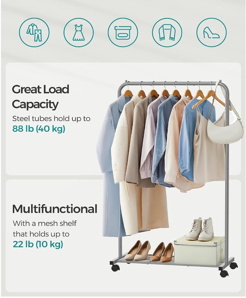 Heavy-Duty Clothes Rack with Wheels & Storage Shelf — thumbnail 3