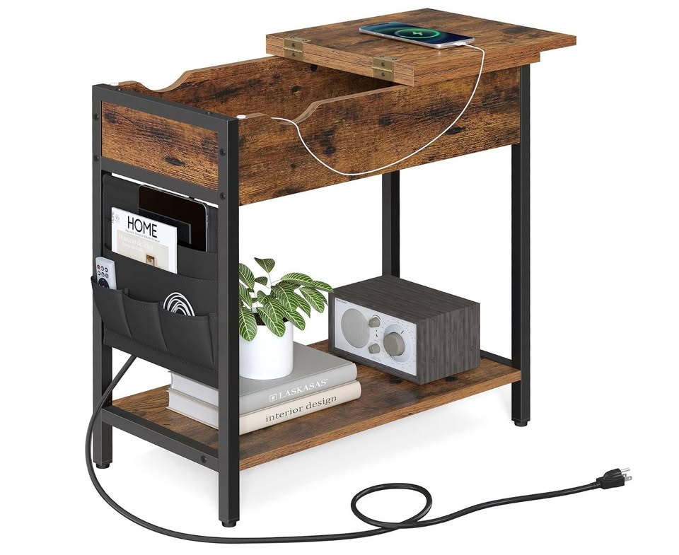 Side Table with USB Ports & Power Outlets – Rustic Brown