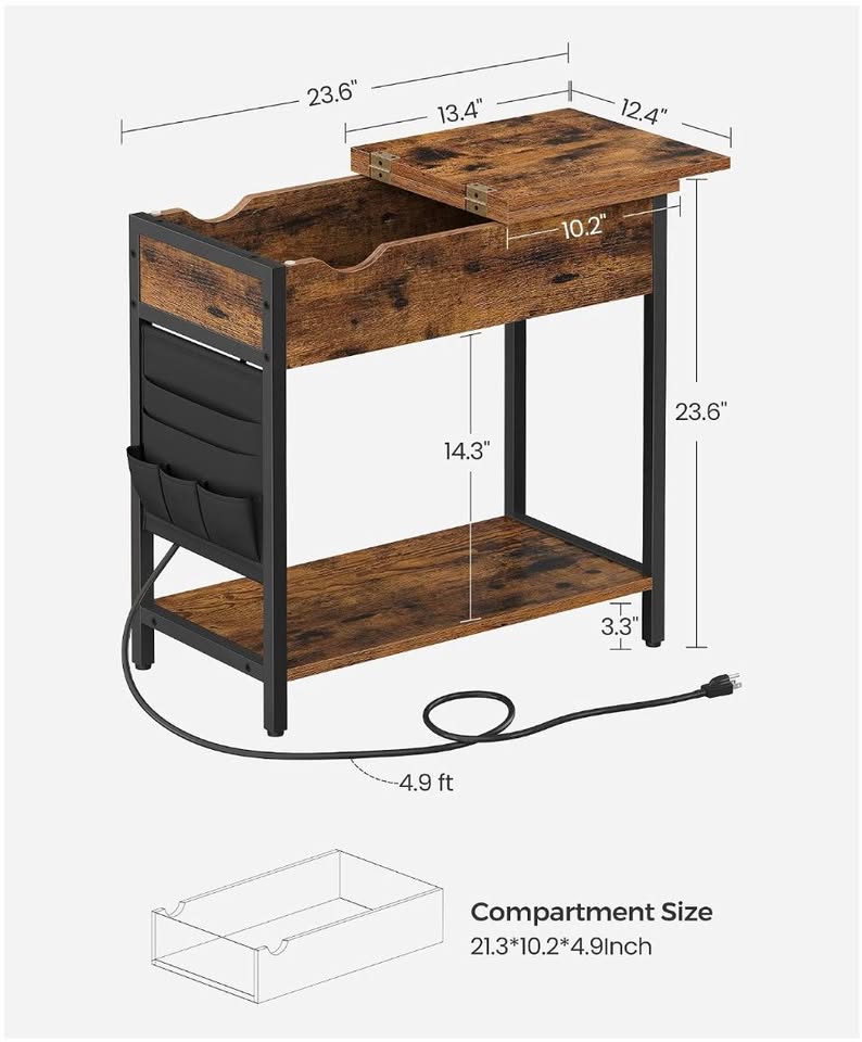 Side Table with USB Ports & Power Outlets – Rustic Brown — thumbnail 3