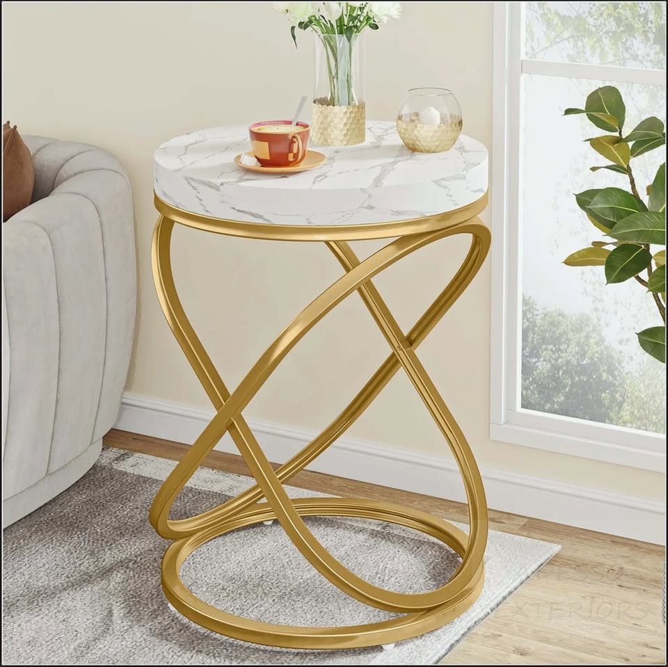 26” Round Faux Marble Side Table – White & Gold — thumbnail 2