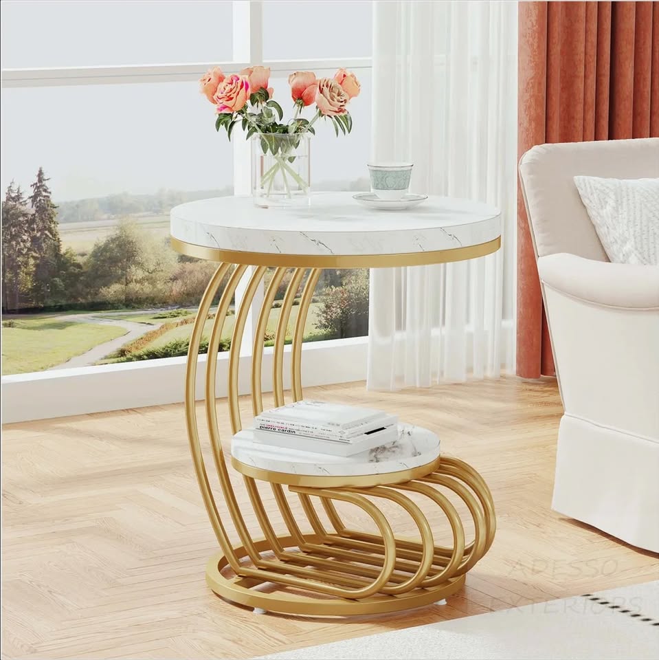 2-Tier Round Side Table – White Marble & Gold