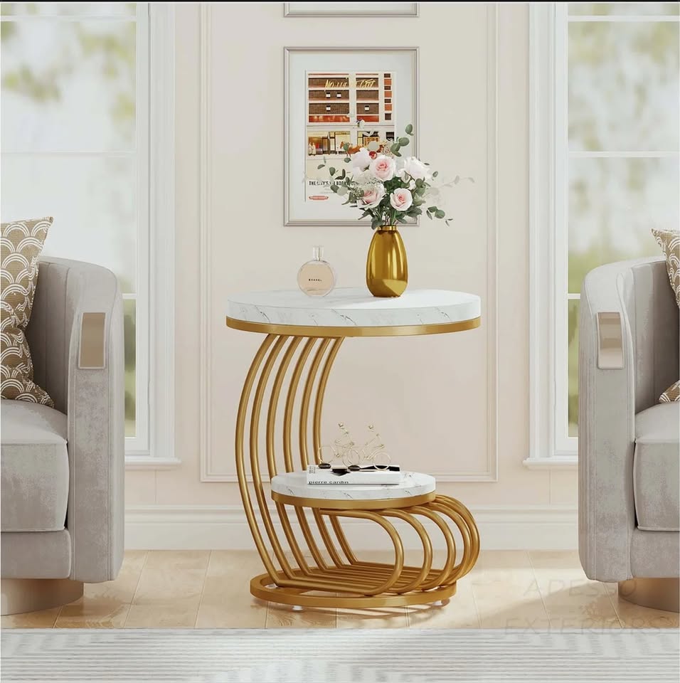2-Tier Round Side Table – White Marble & Gold — thumbnail 2