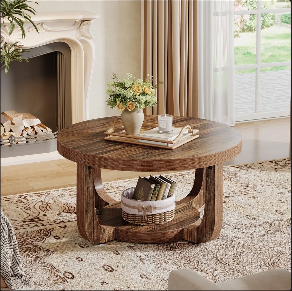 31.5” Round 2-Tier Coffee Table – Rustic Brown — thumbnail 3