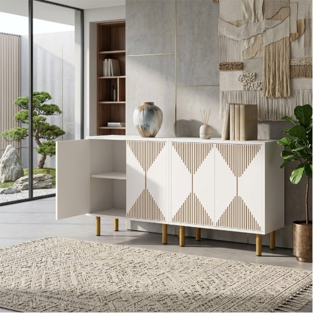 59” Modern 4-Door Sideboard / Storage Cabinet – White & Gold — thumbnail 2